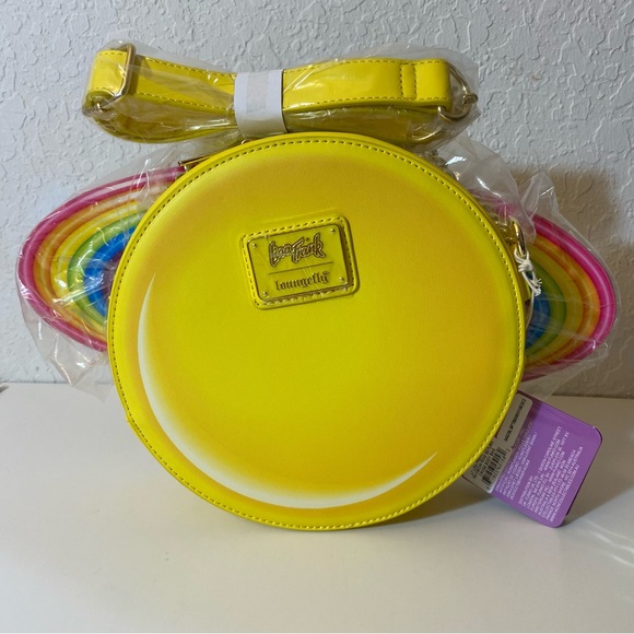 Lisa Frank Loungefly Yellow Rainbow Ring Smiley Face Saturn Crossbody Bag - Picture 6 of 12